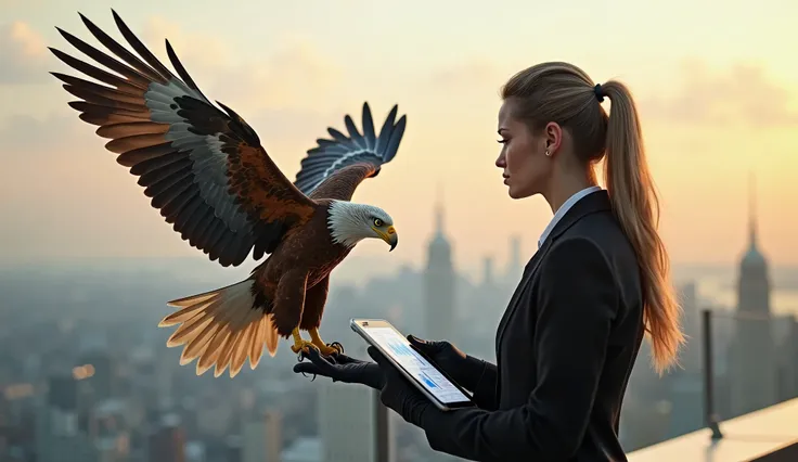 5 ️ ⇒ ULTRA REALISTIC IMAGE — On an exclusive rooftop of a five-star hotel, a high-level businesswoman watches the city while an eagle with brilliant plumage lands delicately on her gloved hand. She holds a modern tablet in her other hand, Analyzing Financ...