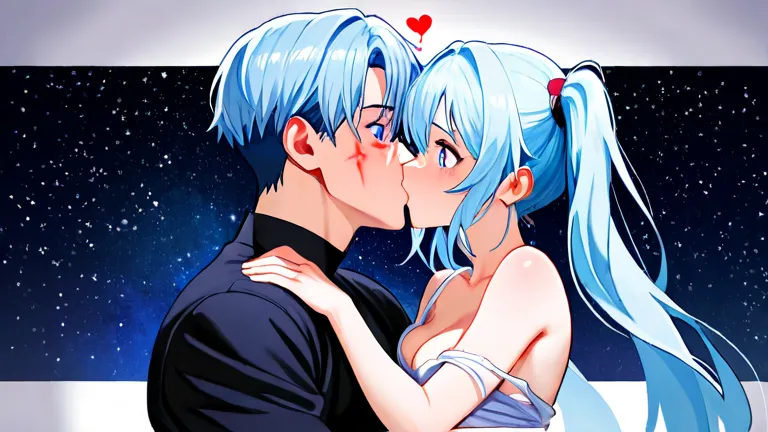 A man and woman lie down, embrace and kiss, with the starry sky of space as a backdrop. In the photo above, a woman with light blue hair in twin tails forcibly removes the clothes of a short-haired redhead man in the photo below, sucking the life out of hi...