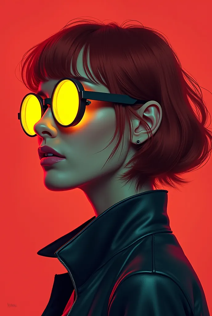 "A woman with sunglasses on and a red background, with vibrant red hair, in a futuristic style, smart and cool appearance, wearing yellow futuristic lenses. The artwork is in the style of digital illustration, detailed and epic portrait illustration, high ...