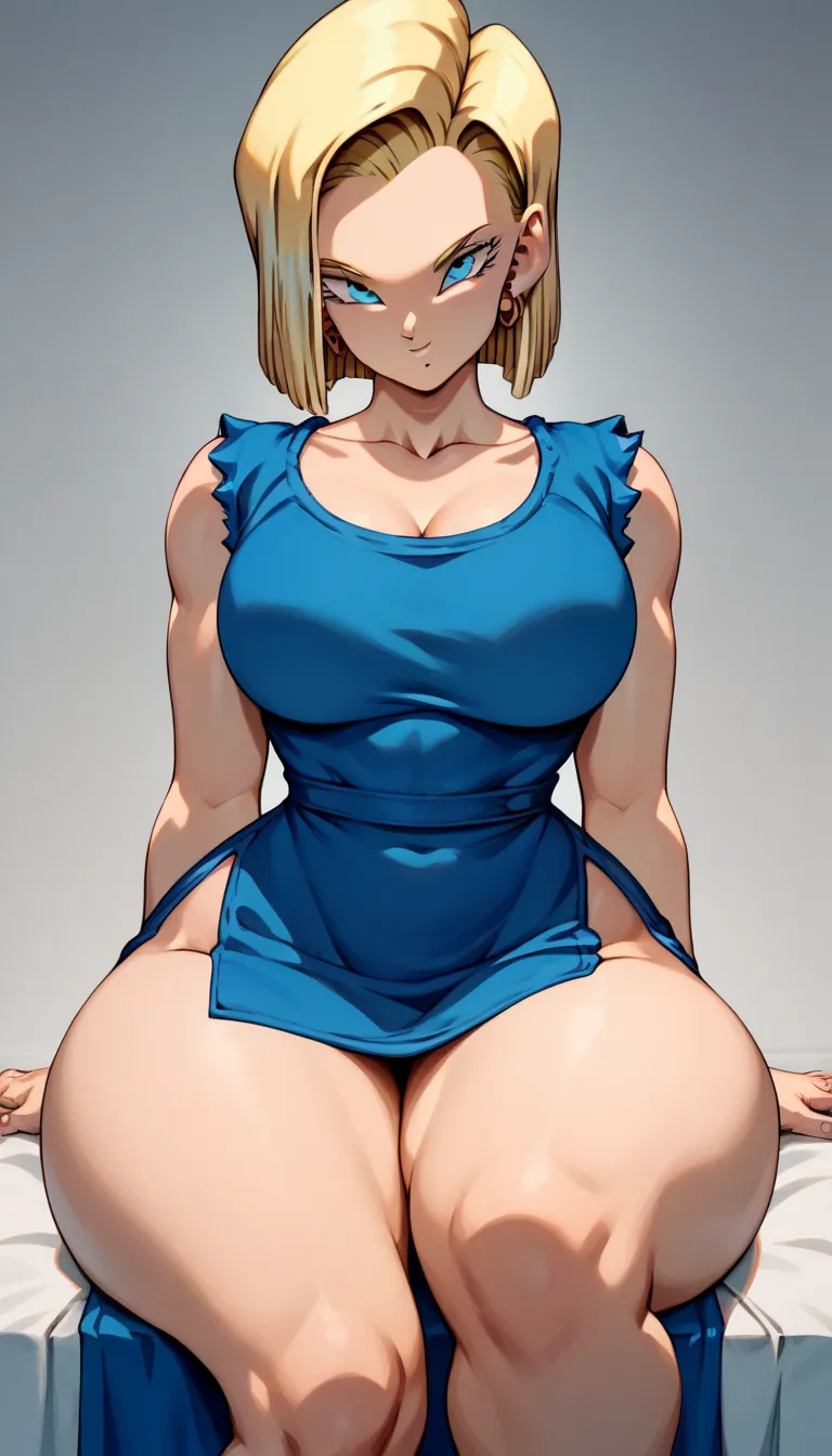 Android 18 hour short hair blue eyes big boobs healed abdomen thighs thick thighs big blue dress neckline showing sexy tits sitting on the square Thick Thighs Big