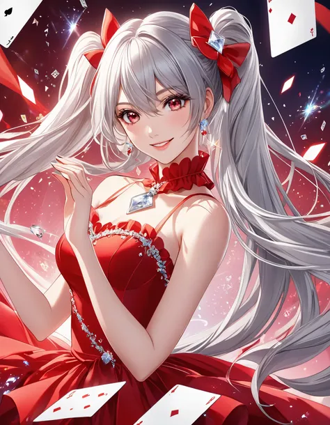 Silver long hair holding a diamond in her hand in the Ace of Diamonds on a large playing card、 beautiful twin-tail girl、smile、The diamond on the playing card is dancing、 Woman in a Red Dress , beautiful anime girl, beautiful fantasy anime, change, splash a...