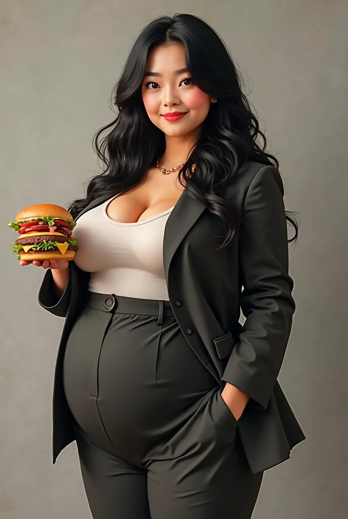 Attractive plump Japanese woman, long wavy black hair, tan skin, wearing a pantsuit that is a bit too tight, has a potbelly that strains against her pants, she’s holding a burger