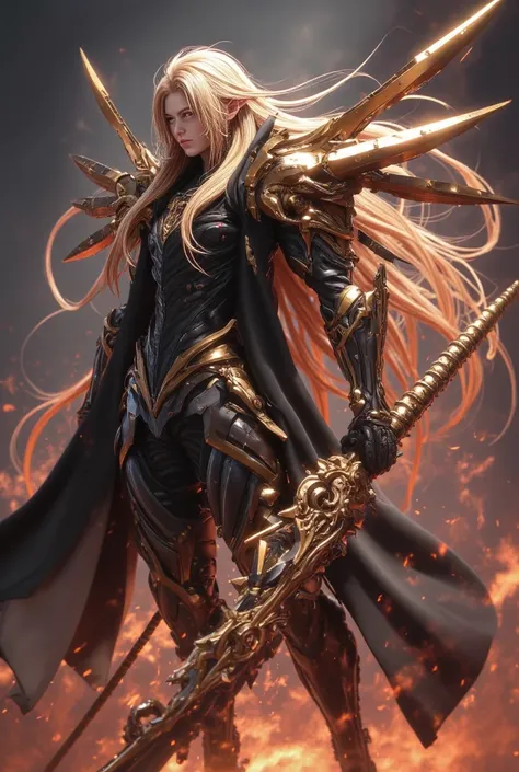  Character that combines Dragon Knight Cain and Gorbeza 。 Final Fantasy character 、 long golden hair。A fusion character with a face like Cloud 、 mysterious with black armor 、 Final Fantasy characters、 figure that combines Dragon Knight Cain and Gorbeza 。 w...