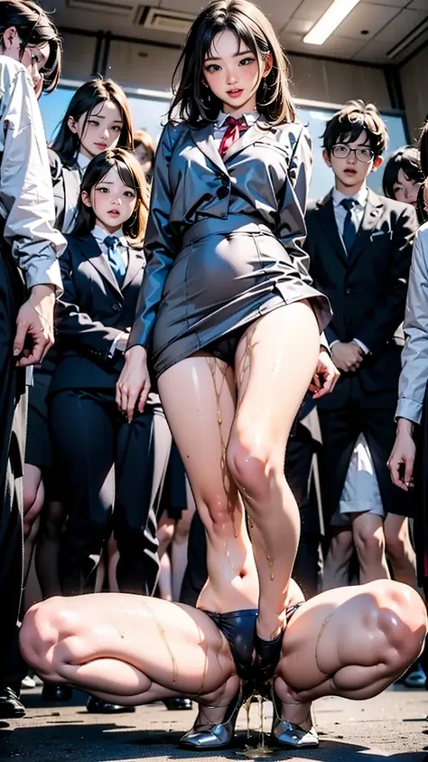  female teacher pees during group photo shoot、incontinence、pee yourself、 lots of pee 、from below、 white suit、 high heels、 perfect figure、very beautiful、 aligning up with students in front of the school building 、upright、Female Teacher Who Is Embarrassed an...