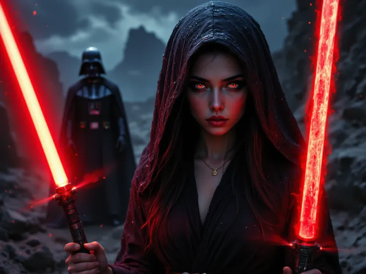 A seductively menacing Sith girl from the Star Wars universe stands before us, draped in a flowing, hooded cloak. Her eyes emit a haunting glow, piercing through the darkness. In her hand, she wields a red lightsaber, its blade casting an ominous hue on he...