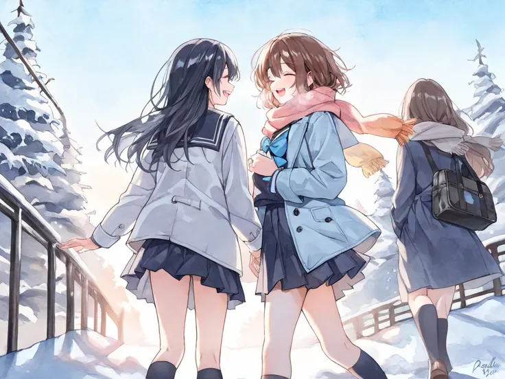 (pastel, watercolor),winter、 Snow Scenery 、blue sky、 on her way to school、The two girls are talking while walking、talking, laughing, facing away, (2girls, school uniform,  serafuku, kneehighs, scarf,  coat,delicate beautiful eyes, beautiful face), 