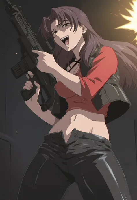 1girl, solo, tomoko, red shirt, masterpiece, best quality, highly detailed, a girls with a gun, evil smile , open mouth, sexy gaze, badass
pose , evil smile, smile, (nsfw) not safe for work, guns blazing, anime girl with long hair, beautiful long
haired gi...