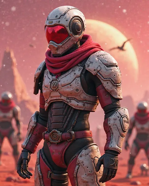   fortnite _call of duty, Pack skins ,  PORTA-PANOPTICON ,  Tasty Treat and a human cybernetic knight fight against an army of toxic monsters on a red planet 