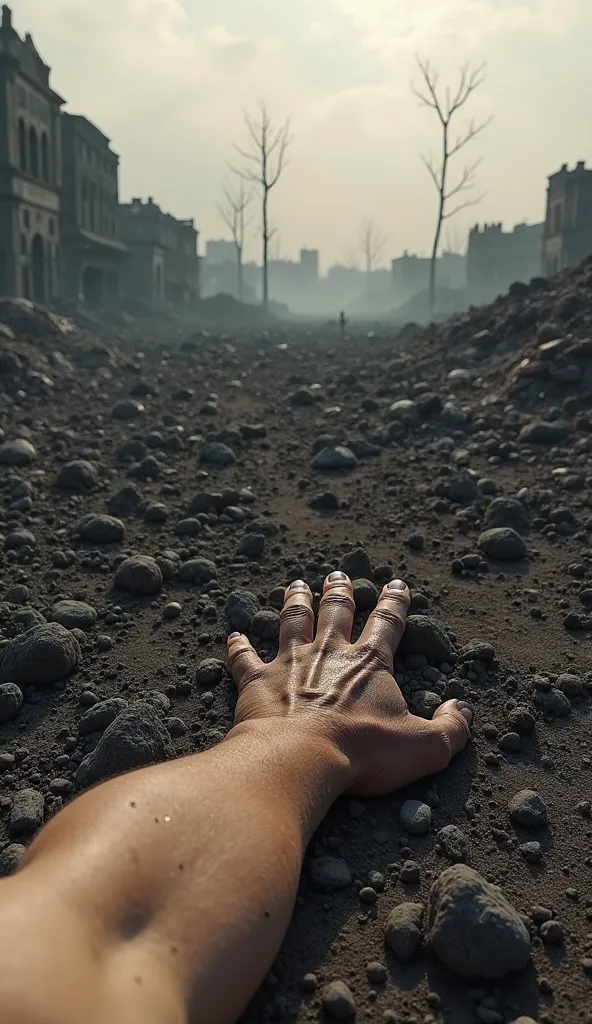 First-person perspective. I am lying on the ground, my viewpoint at the level of the dirt and debris, merged with the grime and ruins. All I can see is a scene of absolute devastation. My arm is stretched out before me, resting on the blackened earth cover...