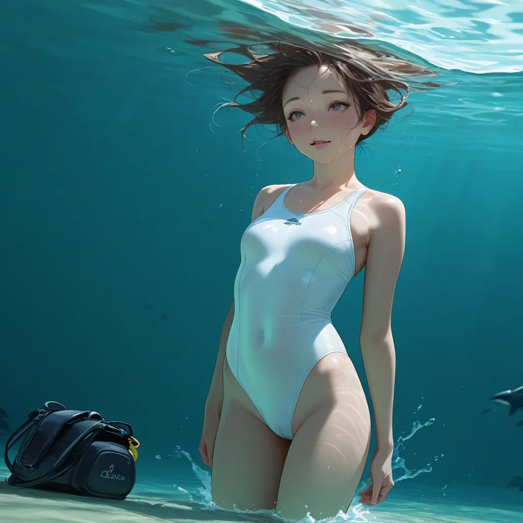 masterpiece, best quality, amazing quality, hyper-detailed, realistic, woman in one-piece_swimsuit, diving in sea