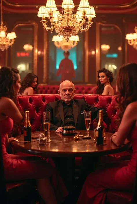 A vibrant, high-energy shot inside an upscale Italian nightclub—red velvet seating, golden chandeliers, and an atmosphere of excess. The bald aged Mafia boss sits in the VIP section, surrounded by stunning women in elegant dresses, expensive bottles of cha...