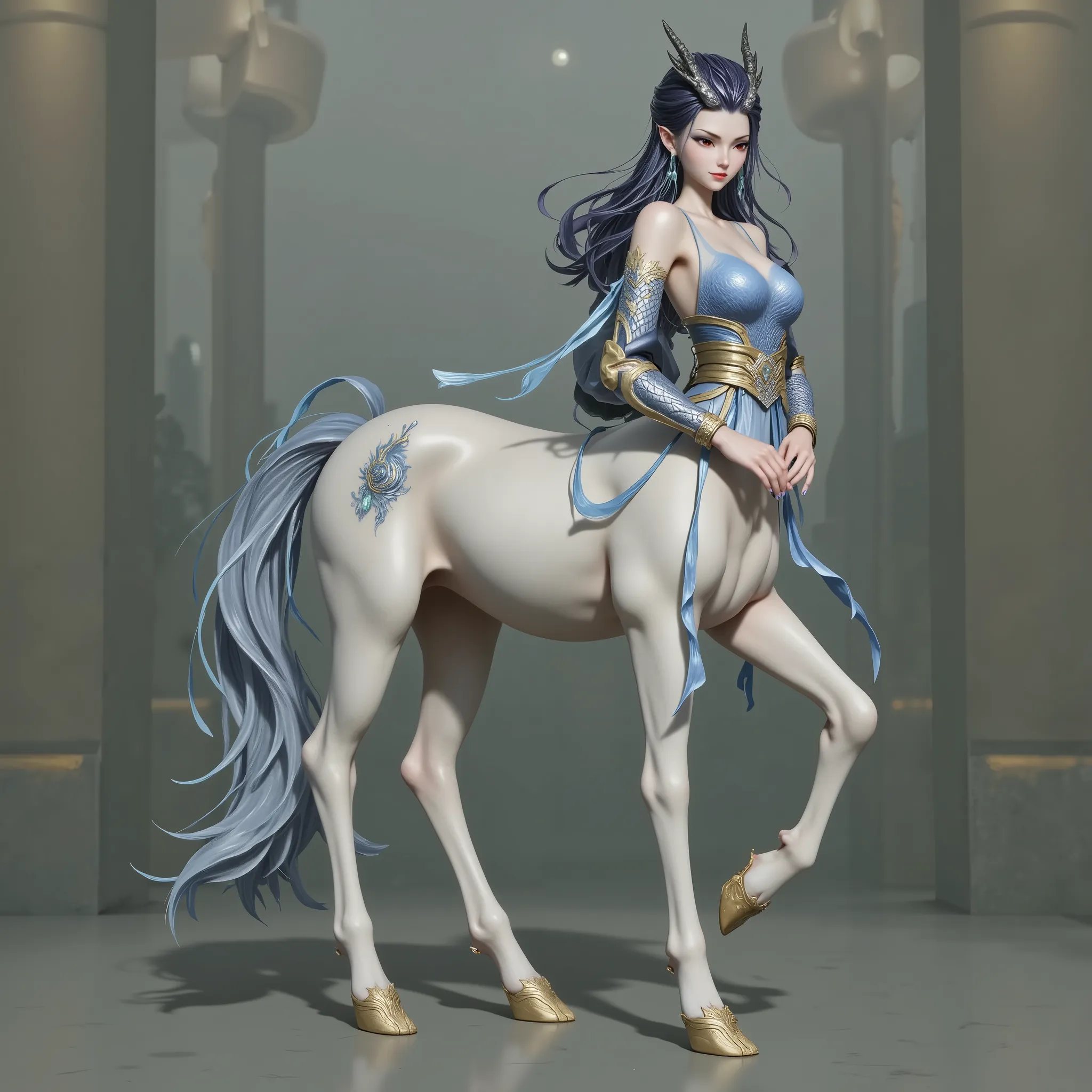  masterpiece,( Highest quality:1.3),Centaur Girl,  Lola:Centaur GirlV1.0:0.6,(Icefield:1.3),( the head is attached to the body 1  ：9：1.3)  8 heads connected to the body  ，  Ancient Chinese Armor  ，Nacha 2 character Ao Run， long ponytail，Dragon Girl，（ blue ...