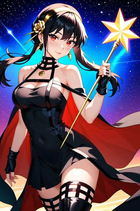 winner of inter-galactic art contest illustrating 1girl, yor from spy x family, yor briar, thigh boots, bangs, gloves, black dress, bare shoulders, jewelry, medium breasts, earrings, sleeveless, fingerless gloves, black dress, sleeveless dress, red eyes, f...