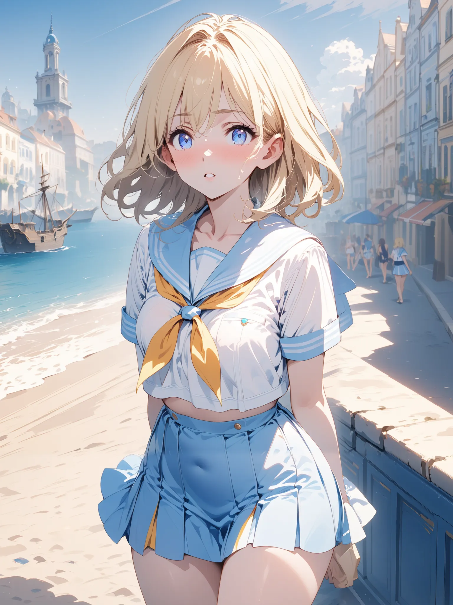 Light Blue Sailor Suit Summer Outfit, blonde medium hair, Blue Eyed Girl, Alone, The background is a European port city,  alert , miniskirt,  knee shot, corruption, (NSFW:0.7),