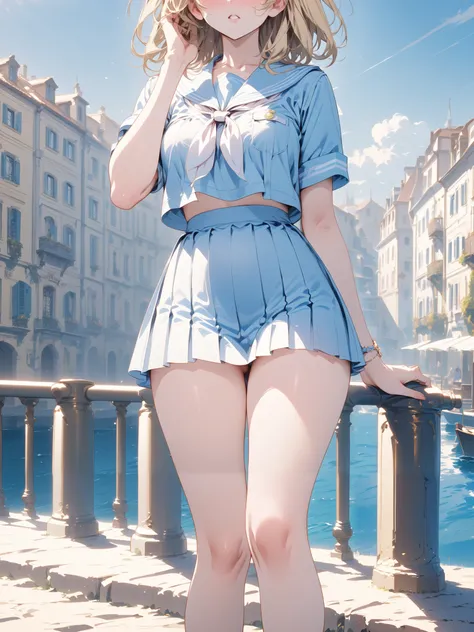 Light Blue Sailor Suit Summer Outfit, blonde medium hair, Blue Eyed Girl, Alone, The background is a European port city,  alert , miniskirt,  knee shot, corruption, (NSFW:0.7),