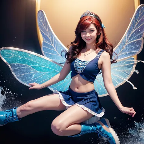 a woman in a dress with a fairy wings, long hair, breasts, smile, blue eyes, skirt, navel, bare shoulders, medium breasts, red hair, boots, sleeveless, midriff, necklace, crop top, tiara, flying, blue footwear, butterfly wings