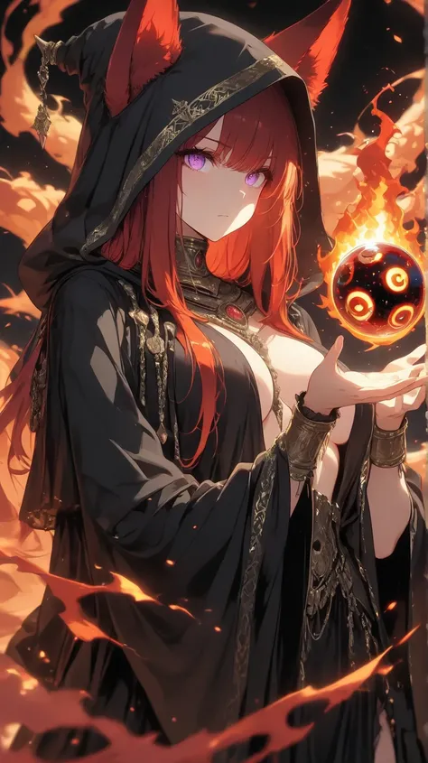  a sinister and michevious female kitsune with long red hair and ears and purple eyes wearing a modern black robe holding a powerful ball of fire, black background,  high detail, high quality, best quality, masterpiece, 8k