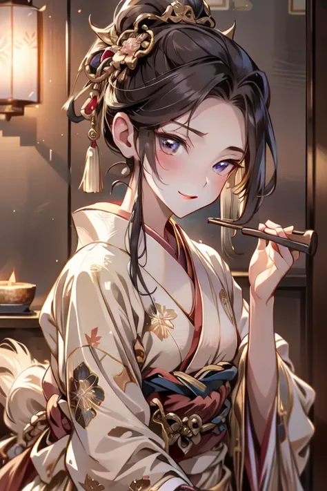  masterpiece, TOP QUALITY, 1 girl, Alone,  light smile, portrait,  upper body, watch viewers,  red lips, [:edg oiran_ makeup on streaks,edg oiran_hairstyle,perfect edg oiran_face::0.5], beautiful edg oiran_woman, [ kimono| dress], ( male masseuse with smal...