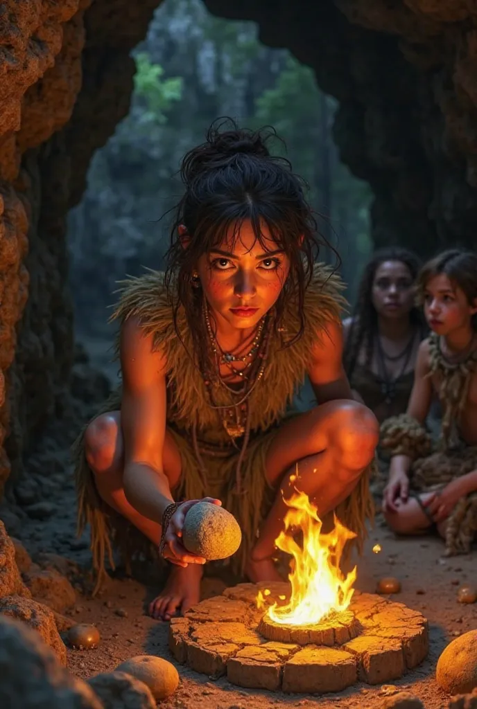 A prehistoric woman named Elis, with disheveled hair and animal fur, is crouched inside a dark cave. She holds two stones and hits them against each other, generating small sparks. Her face is illuminated by a newly ignited flame, her eyes sparkle with ama...