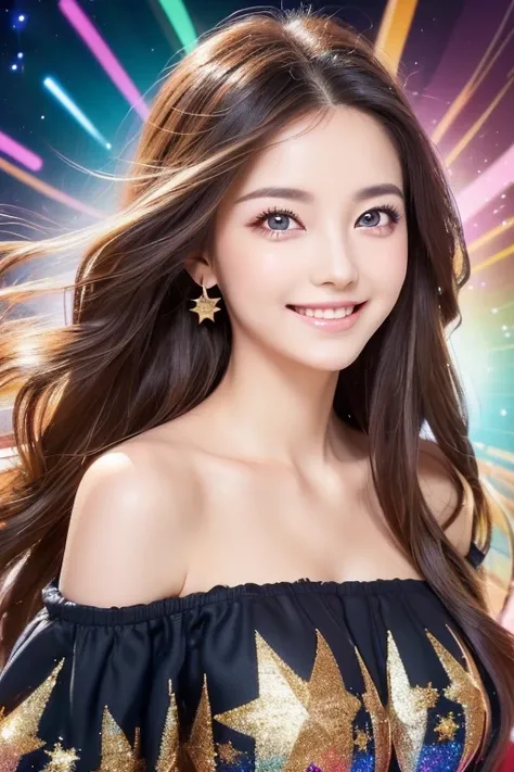 ( masterpiece, TOP QUALITY), ((1 girl, (mature woman)  long hair), (Star-shaped eyes,  +_+, pupils are symbolic, Sparkling Eyes), (open mouth)), (watch viewers,  light smile, off shoulder), ( abstract, Multicolor background,  abstract background,  Color Di...