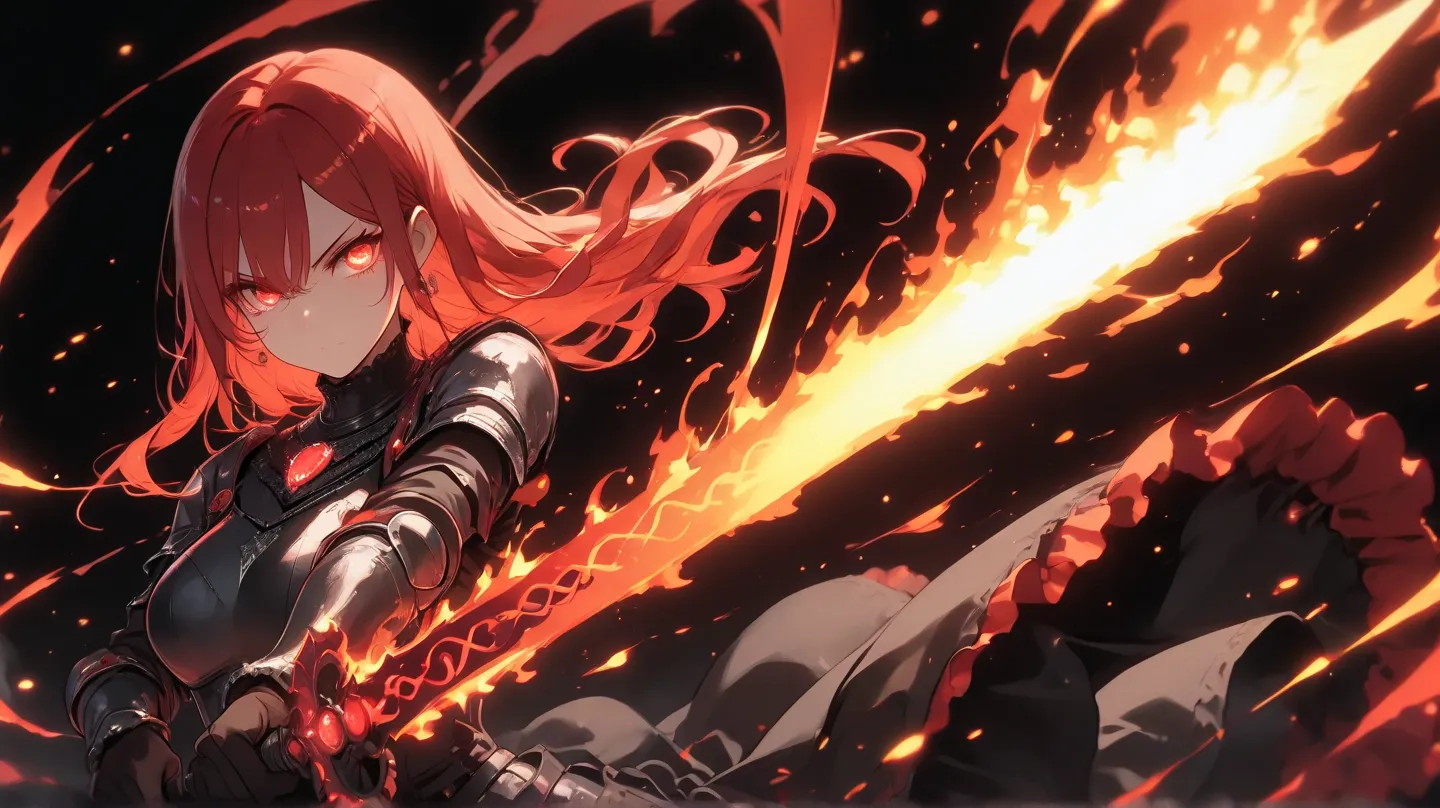  an HDa crimson bright red shade of a serious badass mature female with crimson eyes and long crimson red hair waving in the wind wearing a black medieval armor dress while holding a flaming sword doing a slash vertical motion leaving a fire tendril in it'...