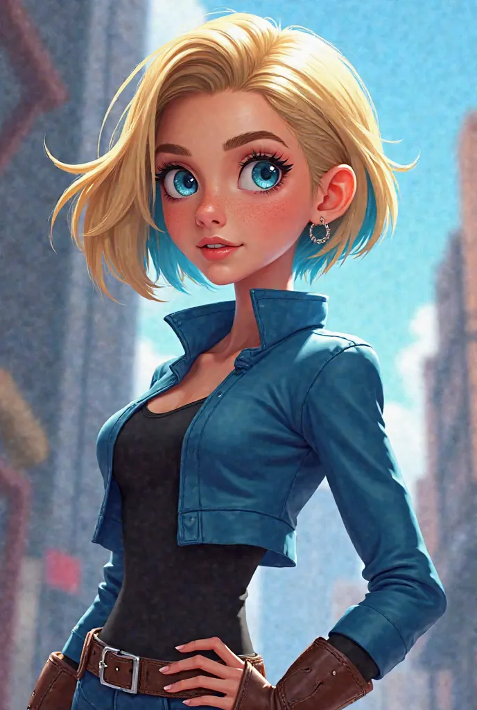 2D animation of great heroes movie Girl with short blonde hair with blue highlights blue eyes white skin and dresses like she has a confident expression
