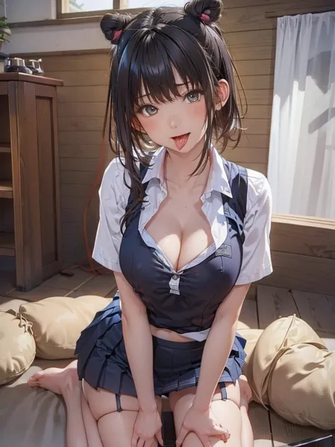 ((TOP QUALITY)), (( masterpiece)), ( exhaustive), woman,Age 20, high school girl,Pink Uniform,( shirt),(miniskirt),big breasted,, underbust with a humiliating face,( cleavage is visible in the wooden sauna ),( excited expression),( tempts),  night , infirm...