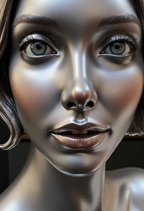 A shining steel statue，depicts the exquisite and delicate feminine features of a beautiful woman,  close up portrait ,  eyes、The eyes and teeth are all made of stainless steel