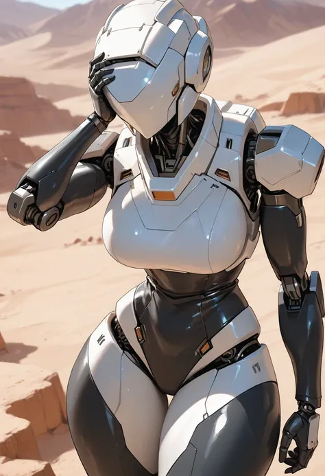 Female robot with big thighs wearing a white helmet and covering her entire face on a desert planet