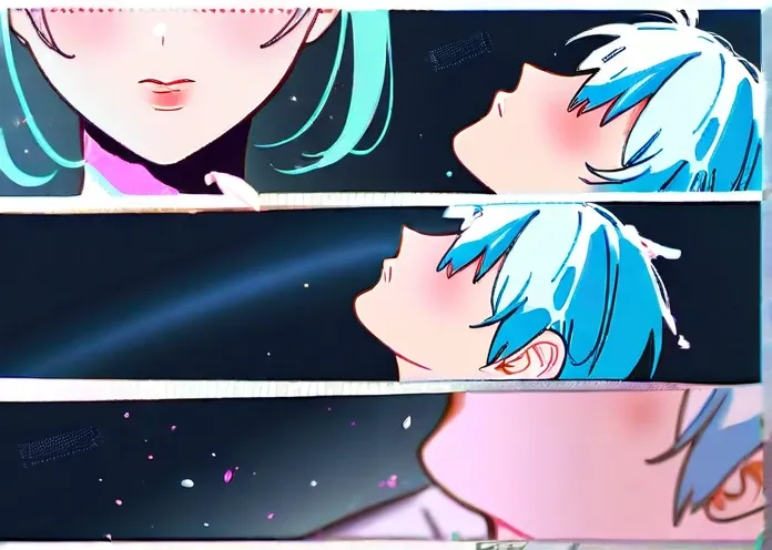 A man and woman are lying down, embracing each other and kissing, with the starry sky of space as the background. The woman with light blue hair in twin tails on top forcibly removes the clothes of the short-haired redhead on the bottom, sucking the life o...