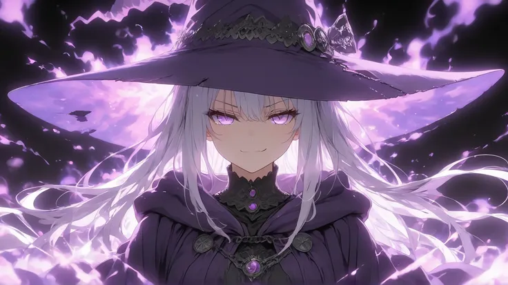   An anime HD movie scene of a mysterious 20 year old long silver hair female witch with bright light purple eyes wearing high detailed purple medieval clothes with black details and a purple witch hat with black details  while standing in an intimidating ...