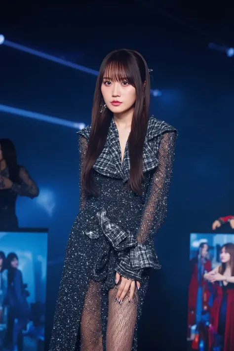 "A stunning Japanese idol with medium-length dark hair and sharp, captivating eyes, dressed in a stylish black and silver stage outfit. She stands confidently under neon lights, exuding a cool and mysterious aura. Her pose is dynamic, as if she’s about to ...