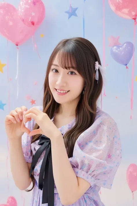 "A cheerful and energetic Japanese idol with twin tails and a bright smile, dressed in a colorful, kawaii-themed outfit with ribbons and sparkles. She is posing playfully against a pastel pink and blue background with floating stars and hearts, giving off ...