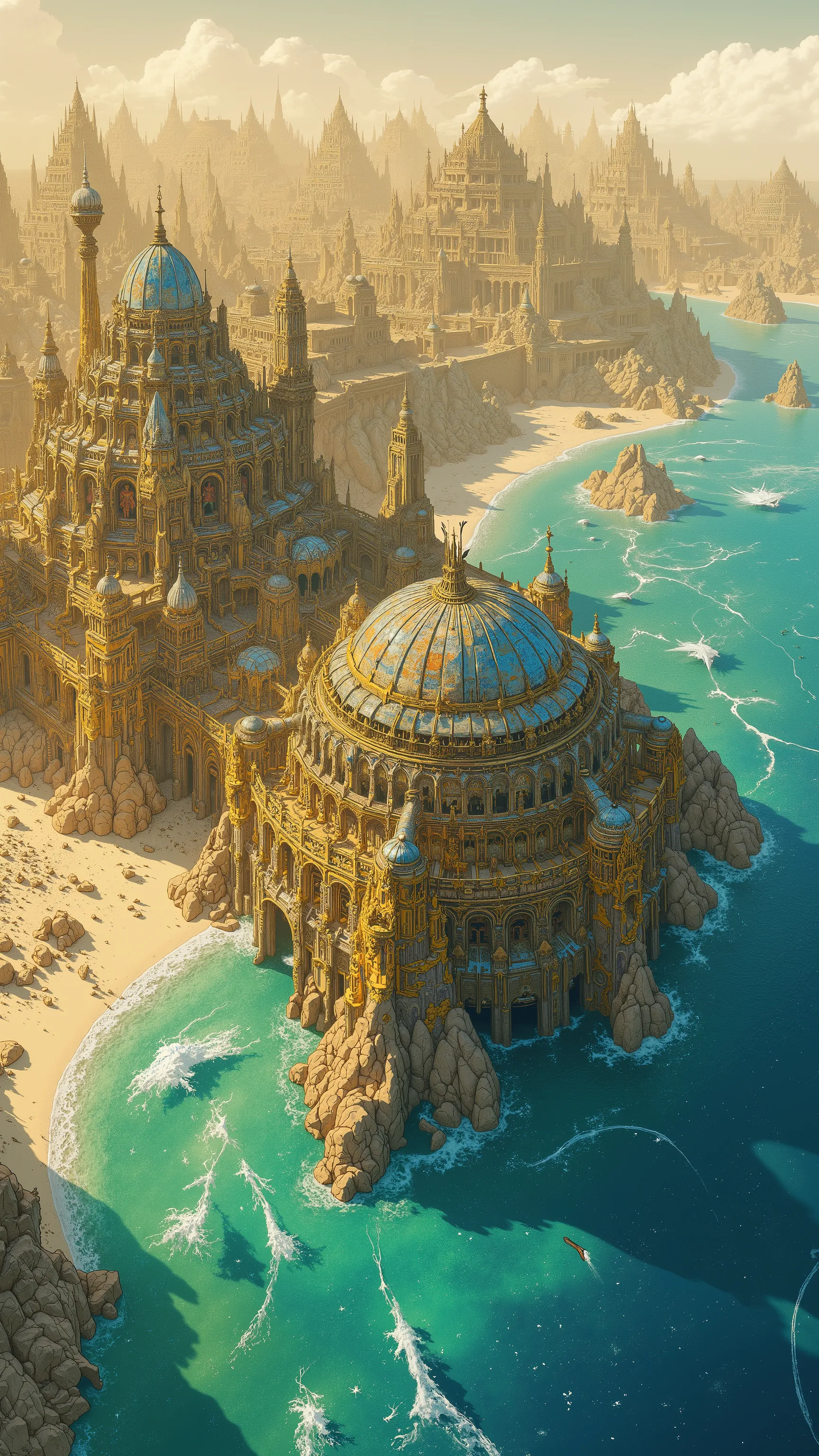 (angle: Panoramic — Wide aerial view)
The golden light of dawn bathes the crystalline waters of the Forgotten Sea, where the waves glide gently against the white sand. The city of Achaellis, embedded on the coral and marble rocks, reflects the first rays o...