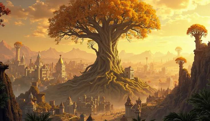 a Guild Wars 2 wallpaper, the background map, a huge walled city and a giant tree in the bright and golden background
