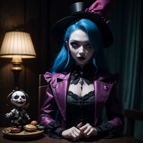 a close up of a person sitting on a table with a voodoo doll, alice in wonderland cyberpunk, goth clown girl, portrait of jinx from arcane, ever after high, alice x. zhang, shalltear from overlord, creepy clown girl, high detailed official artwork, like al...