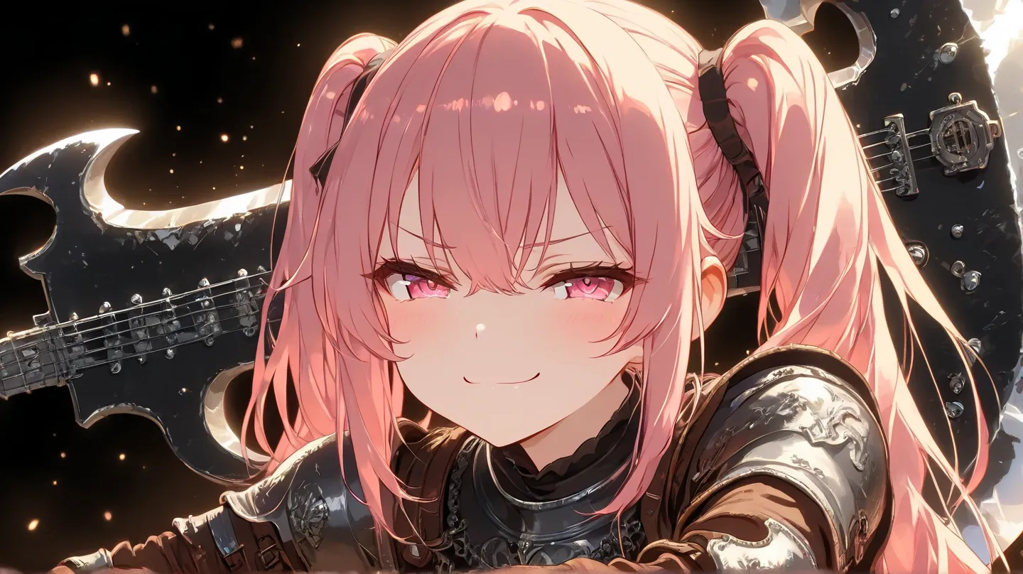 HD anime scene of a small 20 year old girl with pink twintail hair wearing a brown medieval leather armor while leaning against her large axe shaped black metal guitar doing a rock sign with a smug expression, black background,  high detail, high quality, ...