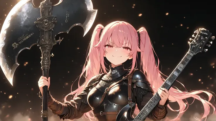 HD anime scene of a small 20 year old girl with pink twintail hair wearing a brown medieval leather armor while leaning against her large axe shaped black metal guitar doing a rock sign with a smug expression, black background,  high detail, high quality, ...