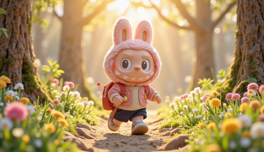 A hyper-cute 3D cartoon-style A pink Labubu runs energetically along a dirt path, its small feet kicking up tiny dust clouds. Dressed in the same neat school uniform as before, its backpack bounces slightly with each step. with a playful pose, surrounded b...