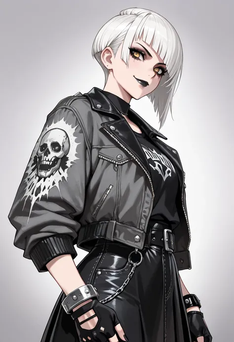 (Draw an image of an gothic girl, yellow eyes, shorty haircut style, punk haircut, shaved white hair, beautiful woman, dark makeup, ripped stocking, distressed jeans jacket, black skirt, serious smile, upper body, side view, forward view, black lips, finge...