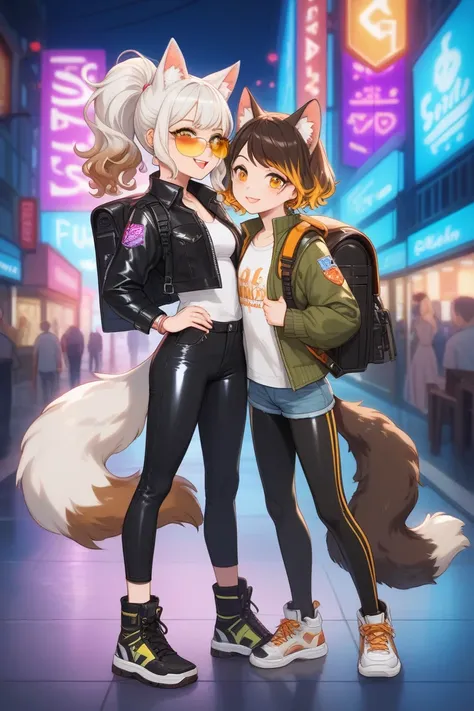  The two girls walk side by side on a busy street of the city, illuminated by neon lights and shiny plates. The cat, Agile and graceful, has short and frayed hair, with highlights in shades of gray and blue that resemble Picture of a feline. Your feline ey...