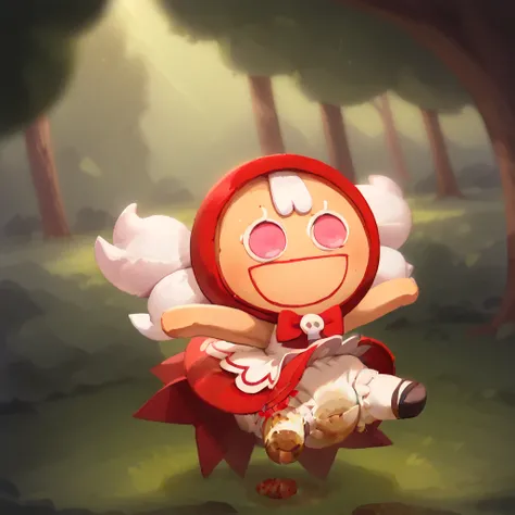 score_9_up, score_8_up, BREAK, CherryCookieRun, 1girl, solo, white hair, pink eyes, red hood, sleeveless dress, red dress, chibi, upper body, forest, smile, small curvy loli, big hips, pantypoop, big bloomers, messy bloomers, enormous saggy bulging bloomer...