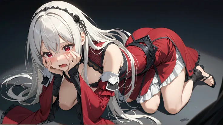(TOP QUALITY, masterpiece, super precise, high definition), 8k, Anatomically Accurate Body , anime girl wearing nice armor has long white hair、 wearing a nice dress, Change in dress, Nightcore, red dress, Gothic Maiden anime girl , White-haired goddes...