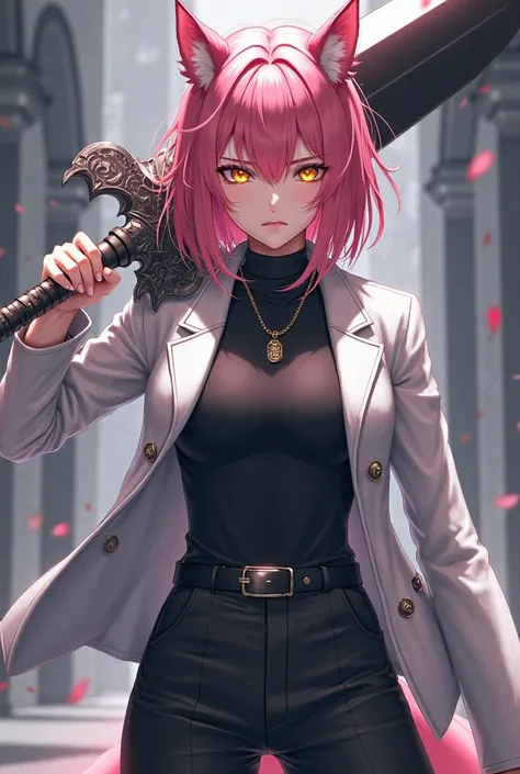 (top quality,  official art  , full body, beautiful and aesthetic:1.2)  a werewolf girl anime,  fair skin,  pink hair,  golden eyes,  white jacket,  black t-shirt,  black pants, serious and cold expression, brandishing a heavy sword .
