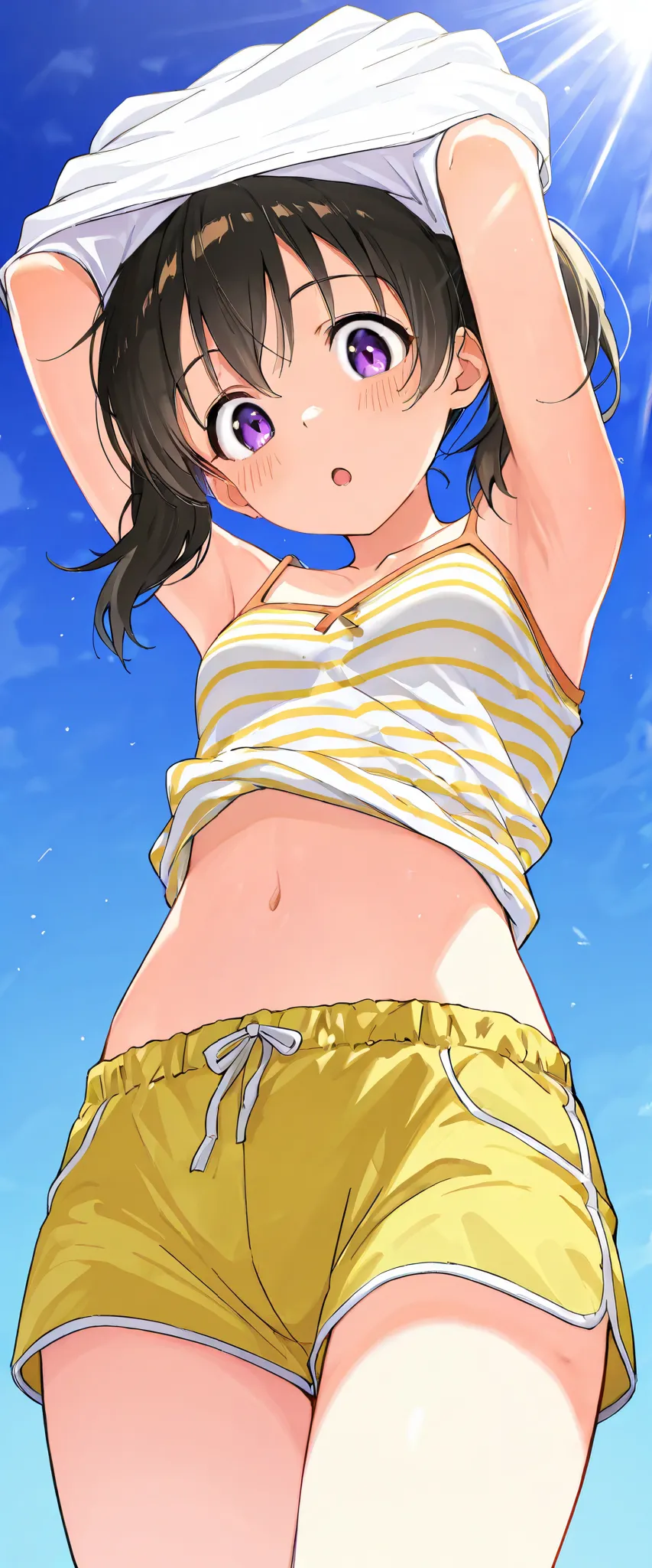 score_9, score_8_up, score_7_up, best quality, masterpiece, source_anime BREAK
1girl, kuraue hinata, solo, black hair, purple eyes, armpits, undressing, twintails, short hair, arms up, open mouth, blush, camisole, looking at viewer, from below, brown short...