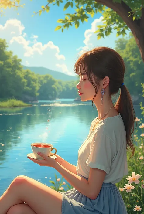 I need you to create a horizontal image for me in which there is a girl having a cup of tea and around her there is a very nice river and that the day is very sunny and that the girl looks very happy