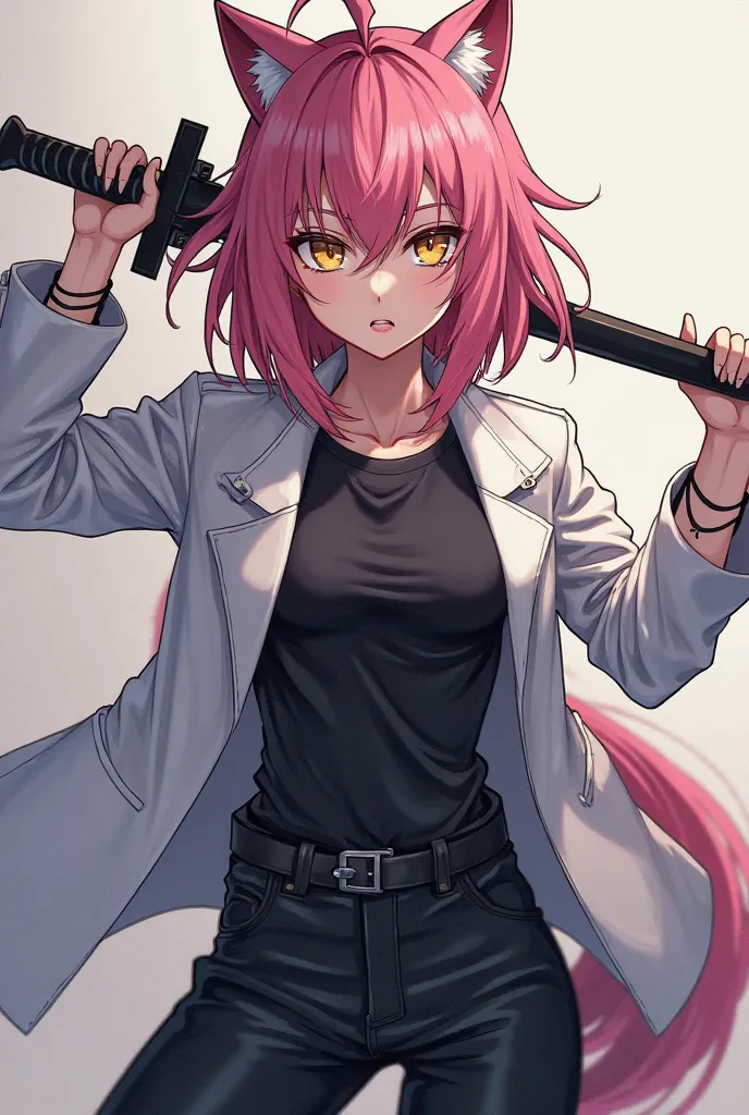 (top quality,  official art  , full body, beautiful and aesthetic:1.2)  a werewolf girl anime,  fair skin,  pink hair,  golden eyes,  white jacket,  black t-shirt,  black pants, serious and cold expression, brandishing a heavy sword .
