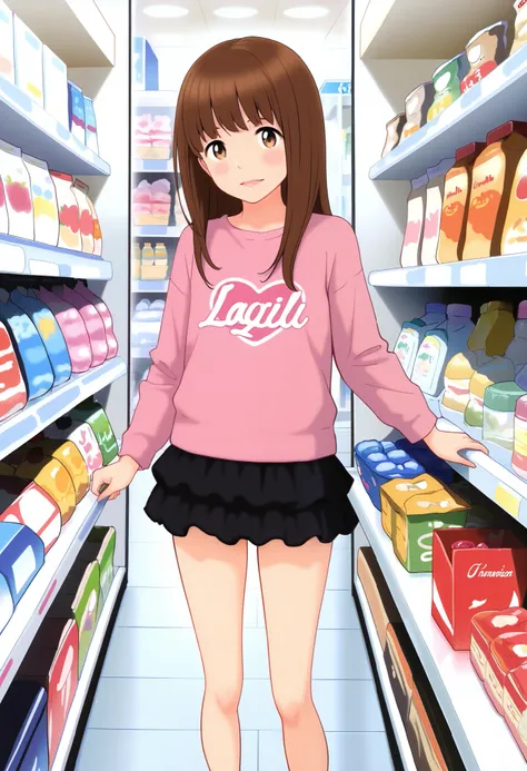masterpiece, best quality, amazing quality, absurdres, highres, ultra detailed, general, kgr, 1girl, solo, brown hair, long hair, brown eyes, printed shirt, long sleeves, flared miniskirt, flat chest, standing in toy store,