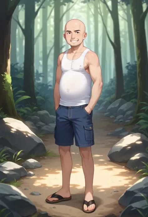 score_9, score_8_up, score_7_up, score_6_up, score_5_up, score_4_up, BREAK source_anime, anime screencap, in the deep forest, trees, rocks, (faceless, middle aged:1.4, bald hair:1.2, fat man:1.15, tank top, short jeans, sandals, (cowboy shot), standing, ev...