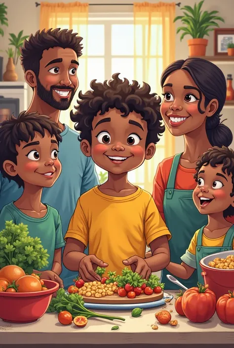 I need a comic-like image of a brown boy with his family, Healthy cooking